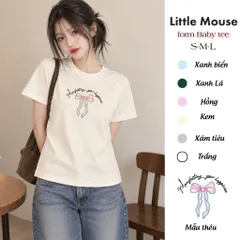 Áo thun form baby tee nữ thêu hình nơ và chữ 100% cotton brand Little Mouse