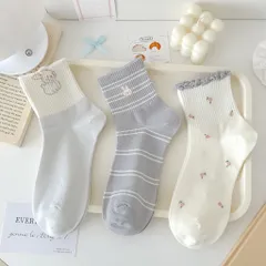 STVCV01 - Set 5 đôi tất vớ nữ cổ vừa cotton thoáng khí hoạ tiết tone xanh mint dễ thương