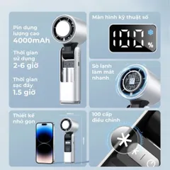 Quạt Cầm Tay Sò Lạnh K801, Màn Hình Kỹ Thuật Số Lạnh Sâu Nhanh, Pin 4000mAh,Đèn LED, Sạc Type-C 199 Cấp Gió