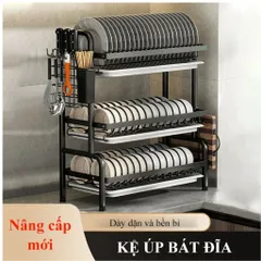Kệ bát 3 tầng đa năng thông minh NGHIỆN NHÀ, Có khay hứng nước. kệ để bát đĩa đa năng kèm giá để đũa cài dao thớt