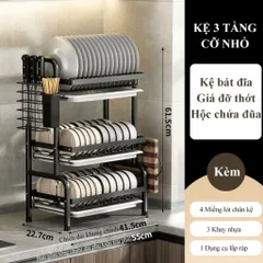 Kệ bát 3 tầng đa năng thông minh NGHIỆN NHÀ, Có khay hứng nước. kệ để bát đĩa đa năng kèm giá để đũa cài dao thớt