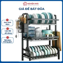 Kệ bát 3 tầng đa năng thông minh NGHIỆN NHÀ, Có khay hứng nước. kệ để bát đĩa đa năng kèm giá để đũa cài dao thớt