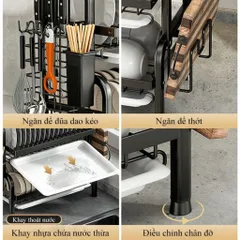 Kệ bát 3 tầng đa năng thông minh NGHIỆN NHÀ, Có khay hứng nước. kệ để bát đĩa đa năng kèm giá để đũa cài dao thớt