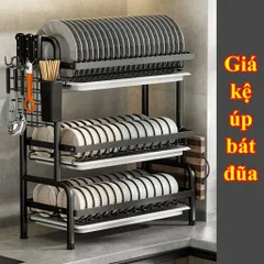 Kệ bát 3 tầng đa năng thông minh NGHIỆN NHÀ, Có khay hứng nước. kệ để bát đĩa đa năng kèm giá để đũa cài dao thớt