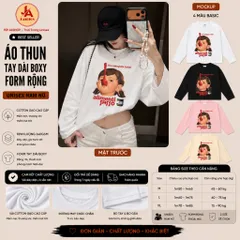 Áo Thun Tay Dài Boxy Form Rộng Unisex Nam Nữ Cotton Gạo 240GSM In Hình Bé Gái Cá Tính Streetwear