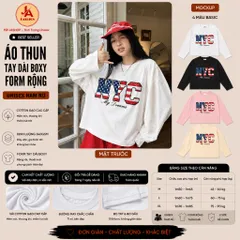 Áo thun tay dài Boxy form rộng Unisex in hình NYC phối cờ mỹ chất cotton giấy Cao cấp L1 mềm mịn thoáng mát