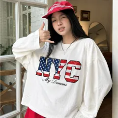 Áo thun tay dài Boxy form rộng Unisex in hình NYC phối cờ mỹ chất cotton giấy Cao cấp L1 mềm mịn thoáng mát