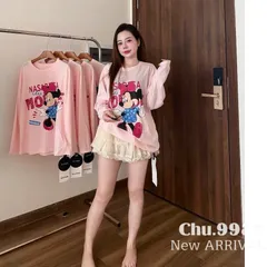 Áo thun giấy gạo L1 cao cấp dài tay cổ tròn in hình MK đeo nơ hồng nasa