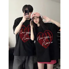 Áo thun form rộng đôi  nam nữ trái tim in chữ ký Newyear near u Cổ Tròn Chất Vải Cotton cao cấp