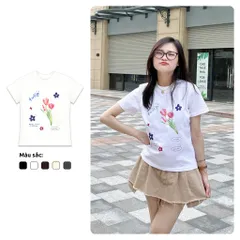 Áo thun form rộng Nữ Baby Tee Hoa Tulip  100% Cotton, Màu Trắng, Đen cotton cao cấp 2 chiều đl 250gsm