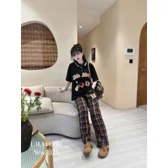 Set đồ nữ trẻ trung áo polo gấu  DE MARGO  13 thêu phối quần kẻ caro vintage - Freesize dưới 60kg TH-260