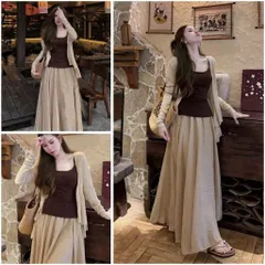 (SV002) Set Nữ Tiểu Thư 3 Chi Tiết, Áo 2 Dây Mix Áo Khoác Cardigan Kèm Chân Váy Maxi