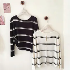 Áo len mongtoghi cổ tròn dài tay kẻ ngang khuy lưng dành cho nữ