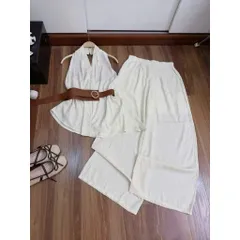 (B020) Set áo sát nách yếm cổ V mix quần suông rộng cao cấp kèm đai