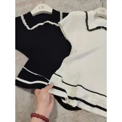 (LC003) Áo len cộc mongtoghi viền ren vạt xòe, áo len mỏng ngắn tay thiết kế cổ sen viền bèo HOT NEW 2025