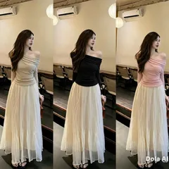 (SV001) Set váy tiểu thư 2 chi tiết, áo thun zip lệch vai mix chân váy voan xếp ly dáng