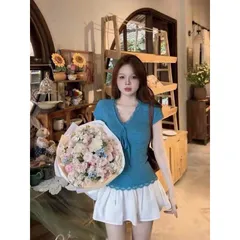 (AP008) Áo phông thun nữ cộc tay cổ V cổ nơ viền bèo tua rua màu xanh basic form vừa hàng QC