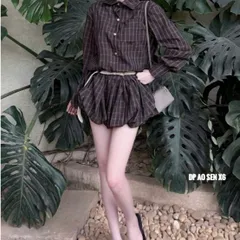 (SV005) Váy Jum kẻ sơ mi túi ngực hàng khuy đồng dây đai kèm belt đan chân bí bồng