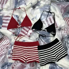 Set bikini len dệt kim 2 mảnh, Áo tam giác + quần short kẻ sọc phong cách sexy