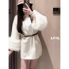 Áo len cổ tròn dáng dài (váy ngắn) tay thụng phối lông - KÈM ĐAI