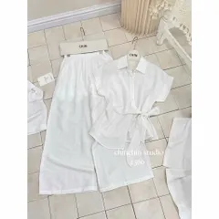 (B014) Set sơ mi thắt nơ eo phối quần suông, hàng QC