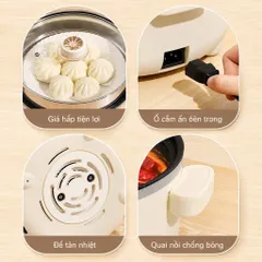Nồi Lẩu Điện Đa Năng 2 Tầng Màu Trắng Kem Tặng Kèm Giá Hấp Inox Dung Tích Lớn