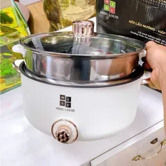 Nồi Lẩu Điện Đa Năng 2 Tầng Màu Trắng Kem Tặng Kèm Giá Hấp Inox Dung Tích Lớn