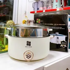 Nồi Lẩu Điện Đa Năng 2 Tầng Màu Trắng Kem Tặng Kèm Giá Hấp Inox Dung Tích Lớn