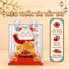 Mèo Thần Tài Màu Trắng Năng Lượng Mặt Trời Tự Động Vẫy Tay Cảm Ứng Ánh Sáng