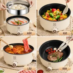 Nồi Lẩu Điện Công Suất 1000W Dung Tích 4L, Tặng Khay Hấp Inox 28CM, Tráng Men Chống Dính SIêu Bền