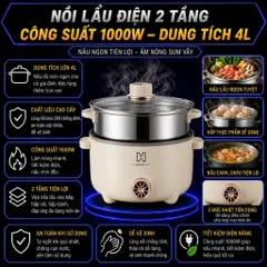 Nồi Lẩu Điện Công Suất 1000W Dung Tích 4L, Tặng Khay Hấp Inox 28CM, Tráng Men Chống Dính SIêu Bền