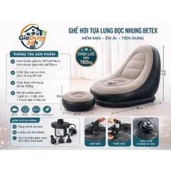 Ghế Hơi Tựa Lưng Bọc Nhung BETEX Cao Cấp - Mềm Mịn Êm Ái, Có Đệm Hơi Lót Chân Cao Cấp Chịu Trọng Tải Lên Tới 150kg
