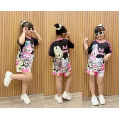 Đồ Bộ Bé Gái Size Đại 12-45kg, Bộ Đùi Cổ Tim Vải Thun Lạnh in Hình Labubu, Kuromi Dễ Thương Cho Bé Gái
