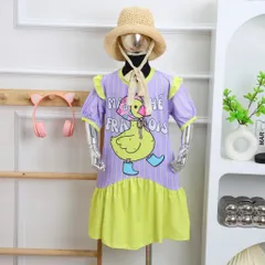 [H16] Váy Bé Gái Size Đại 14-49kg, Đầm Suông Kẻ Sọc Phối Lai Vải Thun Lạnh in Hoạt Hình Hot Trend