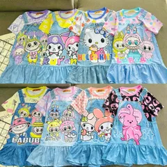 Váy bé gái size đại 10-42kg, Đầm suông thun lạnh in 3D giả yếm jean xinh xắn, Váy Labubu cho bé gái