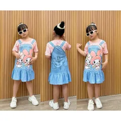 Váy bé gái size đại 10-42kg, Đầm suông thun lạnh in 3D giả yếm jean xinh xắn, Váy Labubu cho bé gái
