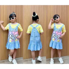 Váy bé gái size đại 10-42kg, Đầm suông thun lạnh in 3D giả yếm jean xinh xắn, Váy Labubu cho bé gái