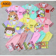 12-45kg A902 Bộ Pijama Bé Gái Thun Lạnh 3D Hoạt Hình Mềm Mịn Dễ Thương
