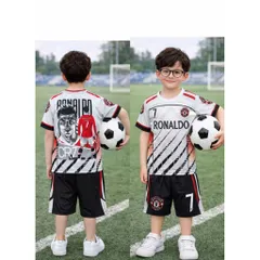 12-45kg A682 Đồ bộ bé trai quần đùi áo ngắn tay thun lạnh in họa tiết thể thao đường phố ngầu đẹp, bộ thể thao bóng đá