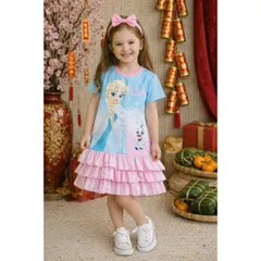 11-45kg A638 Đầm suông phối bèo tầng vải thun lạnh in hoạt hình siêu cưng, váy bé gái size đại