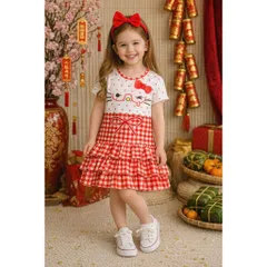 11-45kg A638 Đầm suông phối bèo tầng vải thun lạnh in hoạt hình siêu cưng, váy bé gái size đại