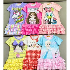 11-45kg A638 Đầm suông phối bèo tầng vải thun lạnh in hoạt hình siêu cưng, váy bé gái size đại