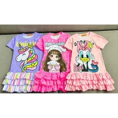 11-45kg A638 Đầm suông phối bèo tầng vải thun lạnh in hoạt hình siêu cưng, váy bé gái size đại