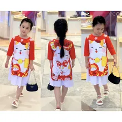 10-40kg | Sét áo dài bé gái thun lạnh in 3D cực xinh xắn