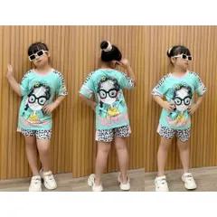 11-45kg Đồ bộ mặc nhà bé gái quần đùi áo tay ngắn vải thun lạnh in hoạt hình Hot Trend, bộ thể thao bé gái