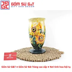 Lọ Hoa Gốm Sứ Bát Tràng Vuốt Tay Dáng Ly Thấp Vẽ Hoa Hướng Dương Thủ Công Cao Cấp