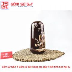 Lọ hoa trang trí dáng đu đủ vẽ gieo duyên quan họ 3D nâu trầm Gốm Sứ G&T