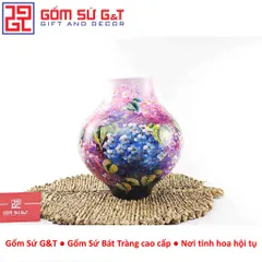 Lọ Hoa Gốm Sứ Bát Tràng Vuốt Tay Dáng Tỏi Cụt Vẽ Hoa Cẩm Tú Cầu Thủ Công Cao Cấp