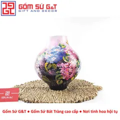 Lọ Hoa Gốm Sứ Bát Tràng Vuốt Tay Dáng Tỏi Cụt Vẽ Hoa Cẩm Tú Cầu Thủ Công Cao Cấp