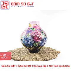Lọ Hoa Gốm Sứ Bát Tràng Vuốt Tay Dáng Tỏi Cụt Vẽ Hoa Cẩm Tú Cầu Thủ Công Cao Cấp